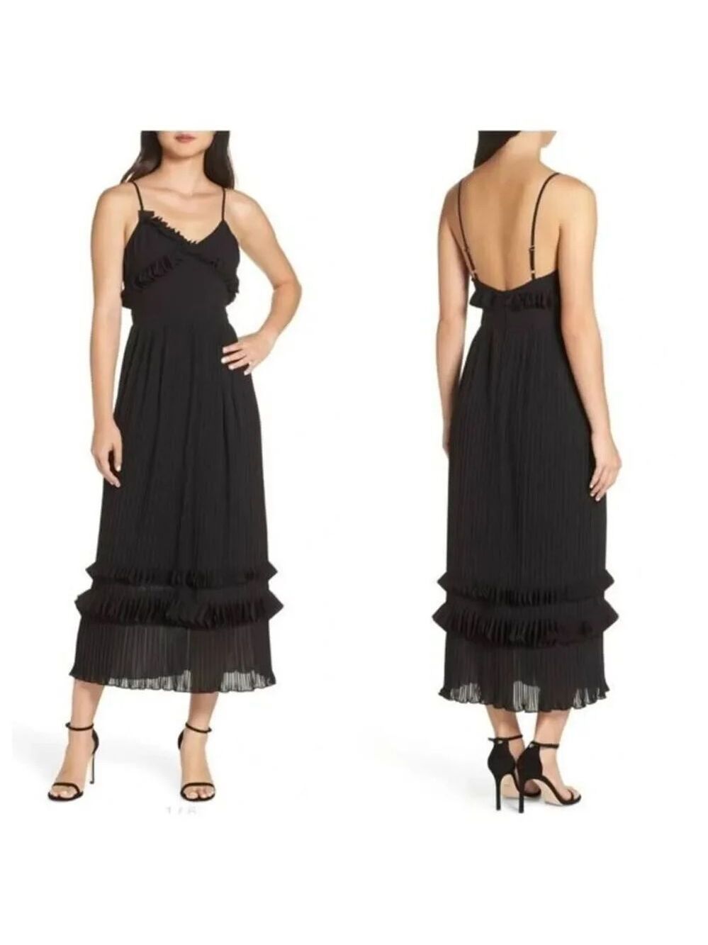 FOXIEDOX LOVE RUFFLE MIDI DRESS IN BLACK SZ XS